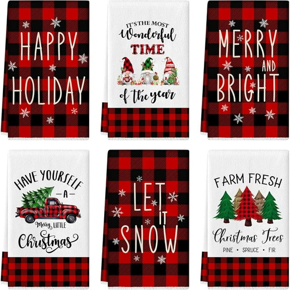 Christmas Kitchen Towels Dish Towels 18 x 26 Inch Buffalo Plaid Kitchen Decor Winter Holiday Tea Towels Hand Towels Christmas Absorbent Drying Cloth for Cooking Set of 6