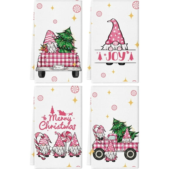 Christmas Kitchen Towels Gnomes Truck Christmas Tree Dish Towels 18x26 Inch Seasonal Winter Xmas Holiday Hand Towels Home Kitchen Decoration (Pink)