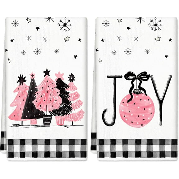 Christmas Kitchen Towels Pink Xmas Tree Kitchen Dishcloth 18 x 26 Inch Ultra Absorbent Tea Towel Drying Hand Towel for Xmas Holiday Home Kitchen Cooking Baking, Set of 2