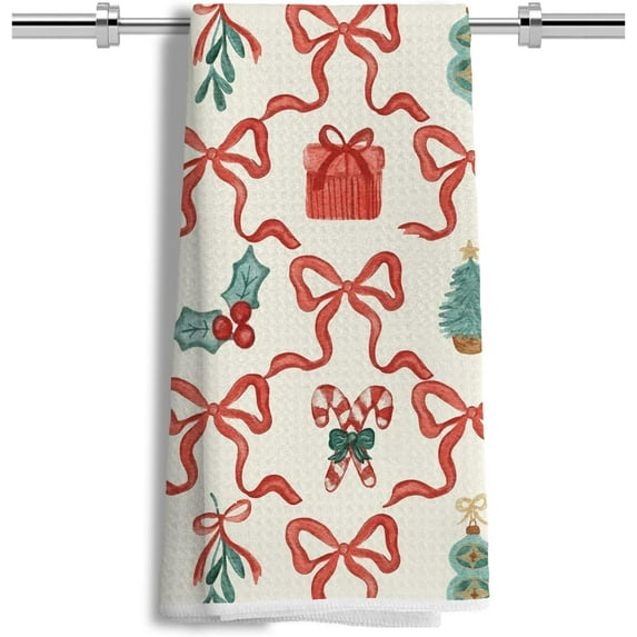 Christmas Kitchen Towels, Red and Green Christmas Bow Tree Candy Canes Decorative Dish Towels Tea Towels for Kitchen, Christmas Hand Towels for Bathroom, Christmas Bathroom Decor
