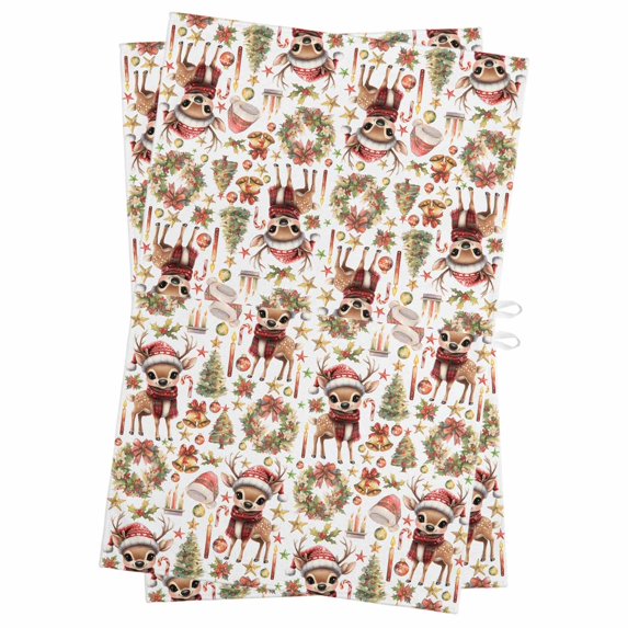 Christmas Kitchen Towels Set of 2, Water Absorbent Dish Towel, Elk Xmas Tree Wreath Balls Bell Decorative Hand Towels - Quick Drying Cloth for Cooking Baking, 18x28 Inch