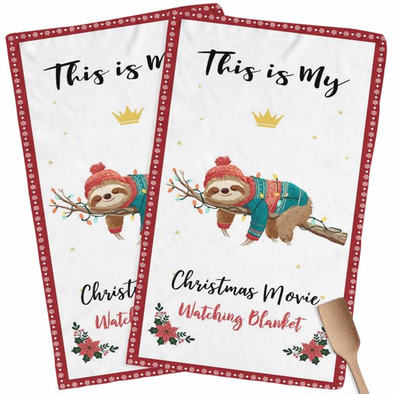 Christmas Kitchen Towels Set of 2 Xmas Hat Sloth Dish Towels and Dishcloths Sets Tea Towel Christmas Movie Watching Blanket Absorbent Hand Towels for Kitchen Bathroom Drying Xmas Holiday Decor