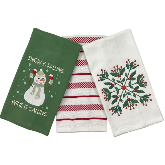 Christmas Kitchen Towels- Set of 3 100% Cotton Snowman Wine Snow is Falling Wine is Calling Print Red Stripe Holly Snowflake Design- 16 x 26 Multipurpose Towels for Everyday Use
