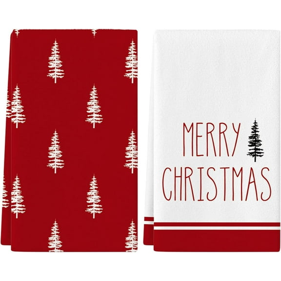 Christmas Kitchen Towels Set of 2, 18x26 Inch Merry Christmas Dish Towels Red