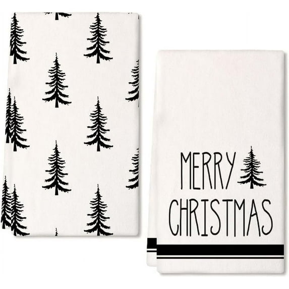 Christmas Kitchen Towels Set of 2,Black Xmas Tree Dish Towels 18x26 Inch,Hoilday Farmhouse Home Decoration AD101
