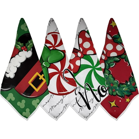 Christmas Kitchen Towels - Set of 4 Cartoon Mouse Dish Towels - New Year Winter Xmas Kitchen Decor - Christmas Decorations for Home Party