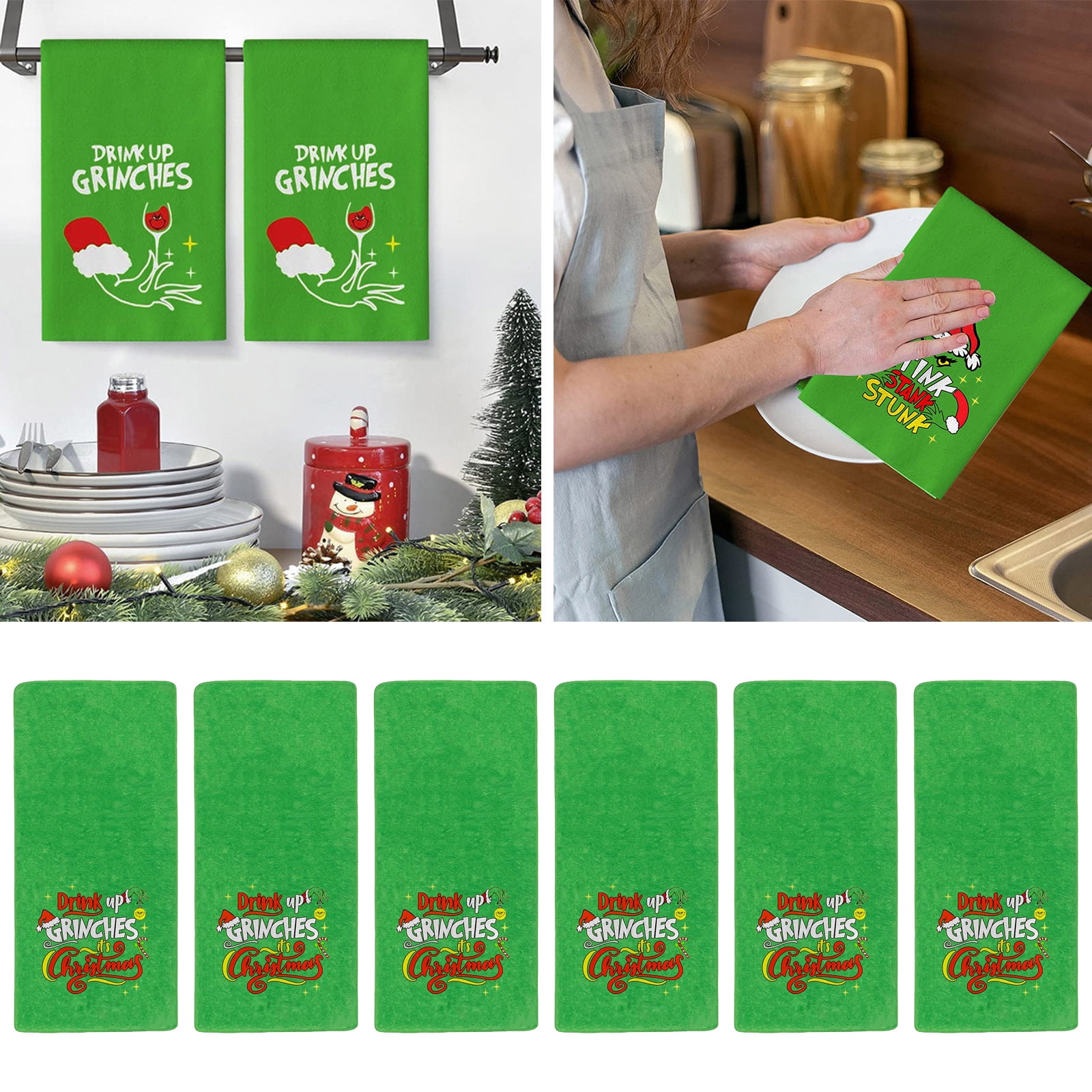 Christmas Kitchen Towels Set of 6,Green Merry Grinchmas Snowflake Dish