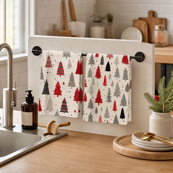 Christmas Kitchen Towels with Absorbent Cotton, Set of 2, Beige with Red and Gray Tree Print for Dish Drying