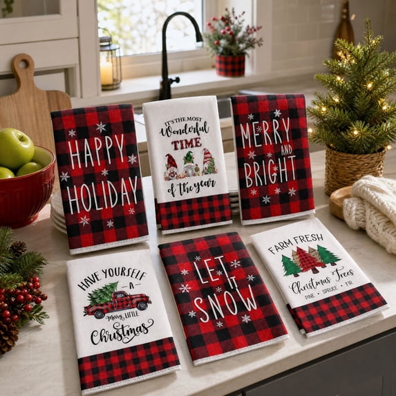 Christmas Kitchen Towels with Farmhouse Buffalo Plaid Design, Set of 6, Red and Black Holiday Prints, for Dish Drying and Home Decor, Tea Towels