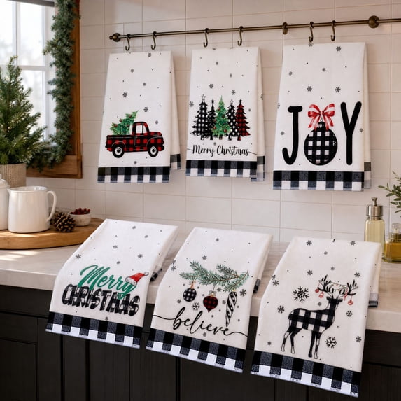 Christmas Kitchen Towels with Farmhouse Plaid Prints, Set of 6, Black White and Red, for Holiday Kitchen Decor