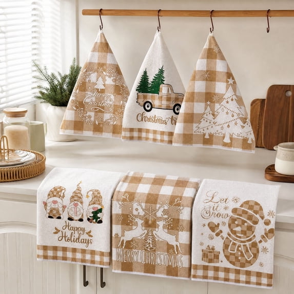 Christmas Kitchen Towels with Farmhouse Plaid and Holiday Designs, 6-Pack, Beige and White, for Home Kitchen Decor