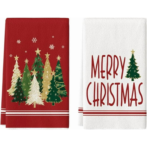 Christmas Kitchen Towels with Xmas Tree and Snowflake Pattern, Towels Set of 2, 15.7x23.6 Inch Decorative Cleaning Cloths