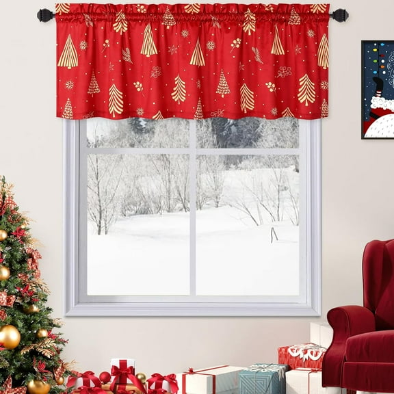 Christmas Kitchen Valance Curtains for Windows, Velvet Short Curtains, Christmas Decoration Cafe Curtains, Thermal Insulated Room Darkening Curtain (Red, 52" W x 15" L, Set of 1)