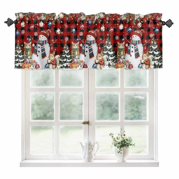 Christmas Kitchen Valances for Windows 42x12 Inch Kitchen Curtains Valances Rod Pocket Snowman Poinsettia Pine Tree Red Black Plaid Bathroom Window Valances for Window Treatment Decor