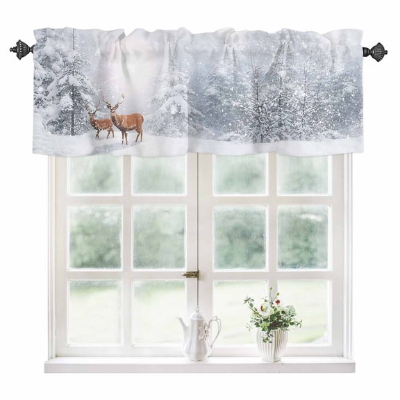 Christmas Kitchen Valances for Windows 42x18 Inch Kitchen Curtains Valances Rod Pocket Winter Deer Pine Trees Nature Snow Scene Bathroom Window Valances for Window Treatment Decor