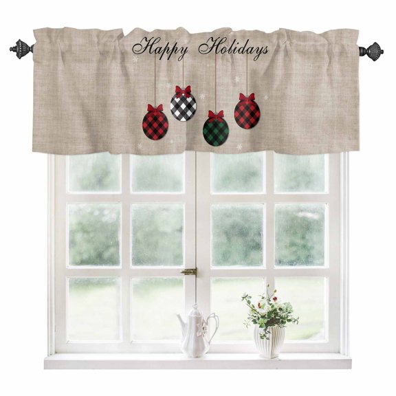 Christmas Kitchen Valances for Windows 54x18 Inch Kitchen Curtains Valances Rod Pocket Winter Snowflakes Plaid Xmas Balls Bow on Linen Bathroom Window Valances for Window Treatment Decor