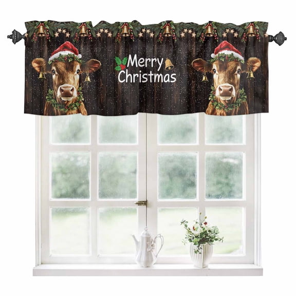 Christmas Kitchen Valances for Windows 60x18 Inch Kitchen Curtains Valances Rod Pocket Winter Cow Pine Branches Berry Bell Wooden Grain Bathroom Window Valances for Window Treatment Decor