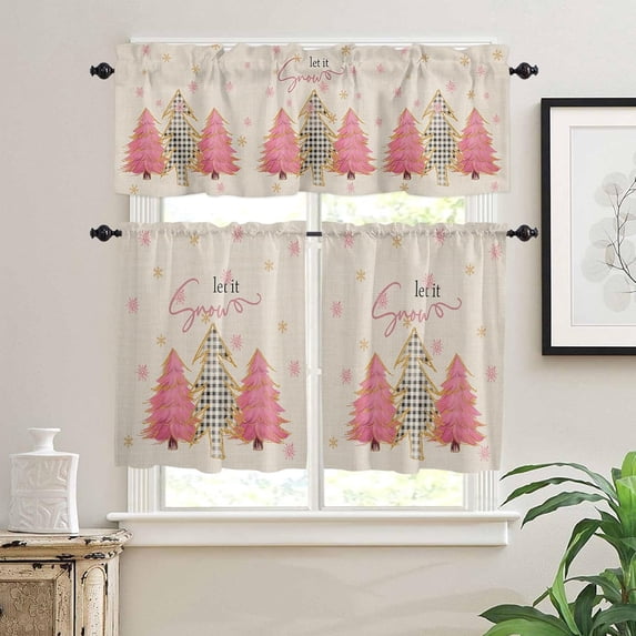 Christmas Kitchen Window Curtain Set with Tiers and Valance, 3 Pieces Rod Pocket Valances Pink and Buffalo Plaid Xmas Tree Snowflake Vintage Window Treatment Semi Sheer Kitchen Decor (52"W x 18"L)