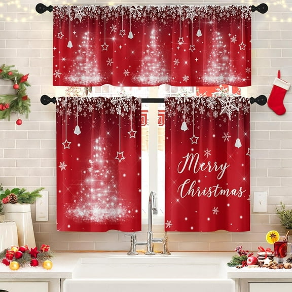 Christmas Kitchen Window Curtains and Valances Set 36 Inch, Snowflakes Winter Short Tier Curtain for Cafe Living Room Bathroom, Xnas Red 3 Pieces Set Kitchen Decor