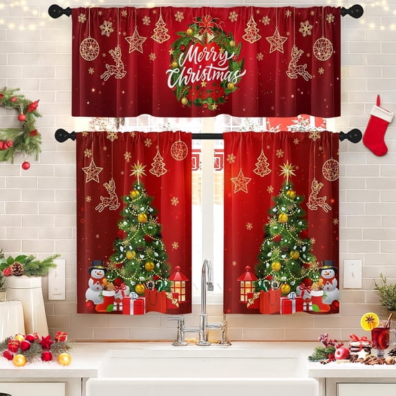 Christmas Kitchen Window Curtains and Valances Set 36 Inch, Wreath Xmas Tree Snowflakes Holiday Short Tier Curtain for Cafe Living Room Bathroom, Xmas Red 3 Pieces Set Kitchen Decor