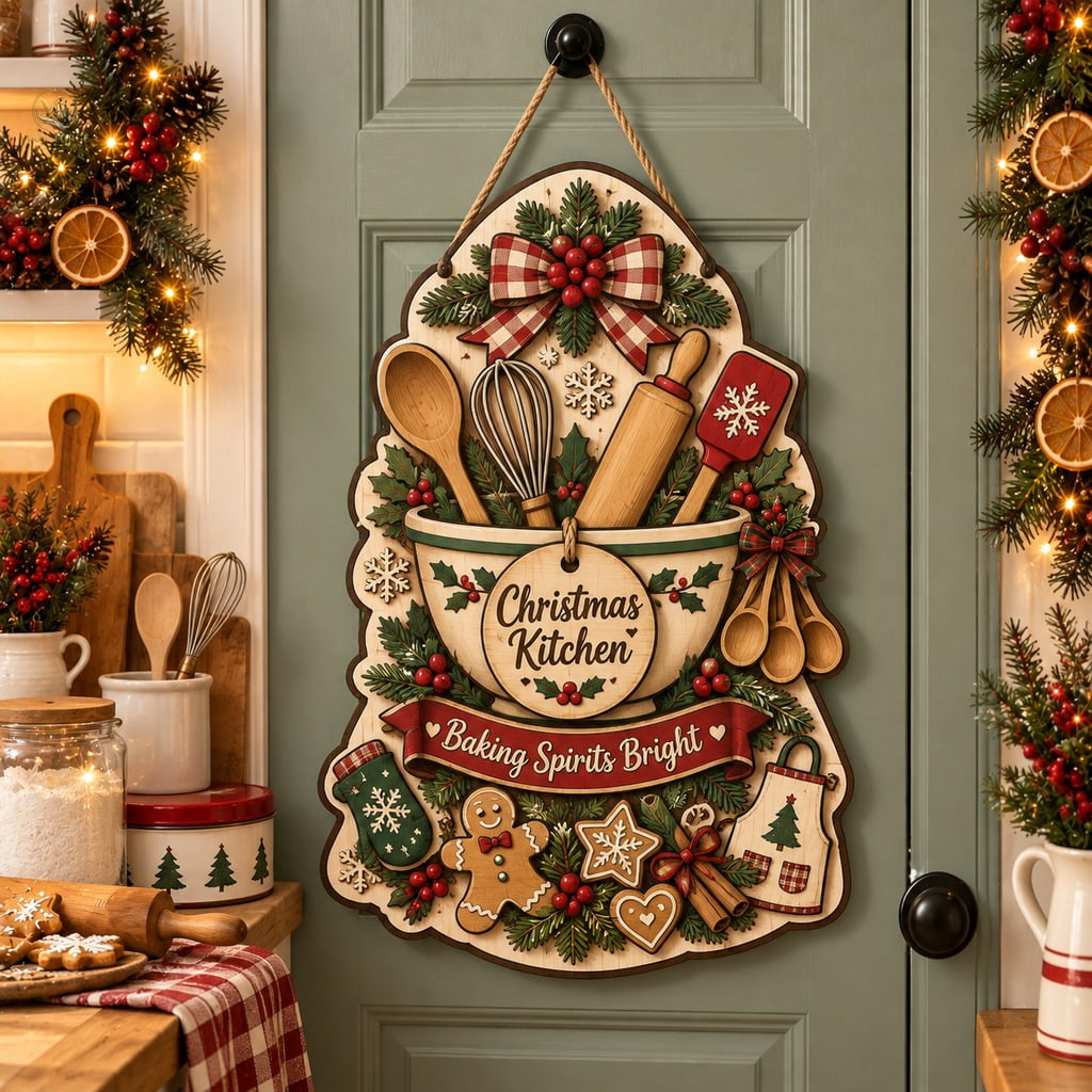 Christmas Kitchen Wooden Door Sign with Baking Tools for Front Entry ...