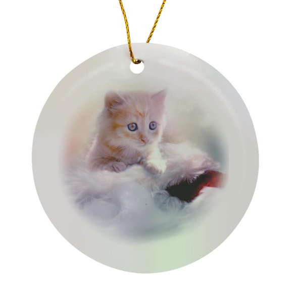 3drose, Christmas Kitten with Santa Hat, Circle Porcelain Ornament