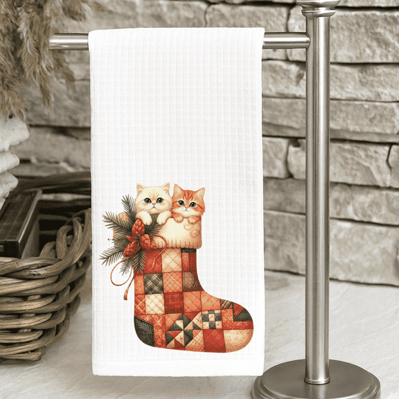 Christmas Kitten Dish Towel Cats In Stocking 16x24 Waffle Weave Kitchen Decor