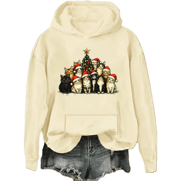 Christmas Kittens Tree Hoodie Santa Hat Kitten Christmas Sweatshirt, Cat Lover Xmas Holiday Gift Top