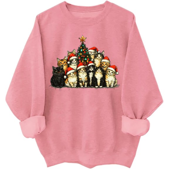 Christmas Kittens Tree Sweatshirt Santa Hat Kitten Christmas Long Sleeve Shirts Cat Christmas Top, Cat Lover Gift