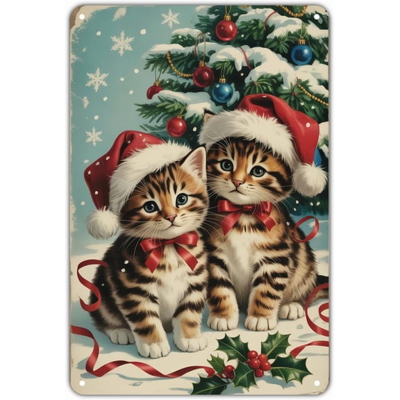 Christmas Kittens tin sign Vintage Christmas Holiday Kitty Metal Sign Print Aesthetic for Garden Yard Bar Porch Home Bedroom Kitchen Wall Decor Gift 8 x 12 inch