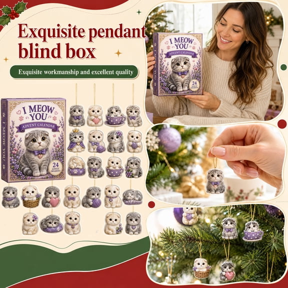 Christmas Kitty Countdown Calendar with 24 Acrylic Cat Hanging Decorations in Gray, Cream and Lavender Tones