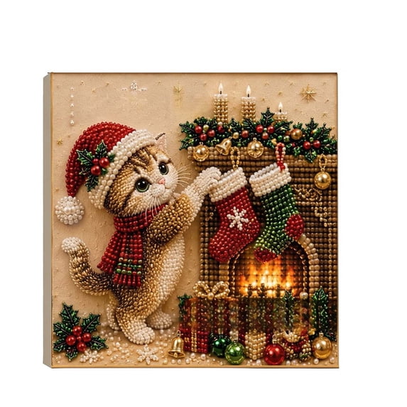 Christmas Kitty Rhinestone Art Kit, DIY Pearl Bead Painting Craft for Wall Decor in Bedrooms, Living Rooms and Holiday Home Displays