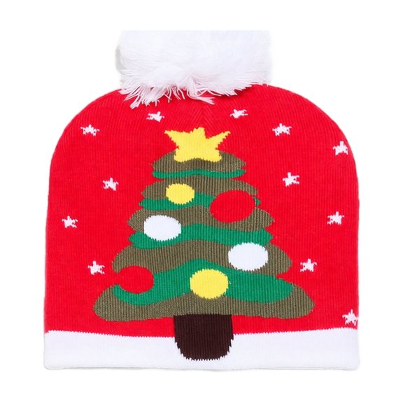 Christmas Knit Beanie Hat for Adults Winter Hats, Cuffed Pom Pom Cap with Tree Pattern Stretch Fit, Warm Party Hats for Men Women Family Christmas Gathering A