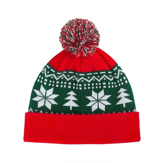 Christmas Knit Beanie Hat for Adults – Warm Winter Snowflake & Christmas Tree Pattern Cap with Pom Pom – Soft Cuffed Holiday Hat for Men & Women