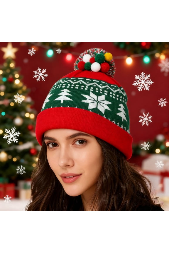 Christmas Knit Hat for Adults with Snowflake & Tree Pattern, Warm Fleece Lined Winter Beanie with Fold Over Brim & Pom Pom for Holiday Parties, Gifts, Cold Weather