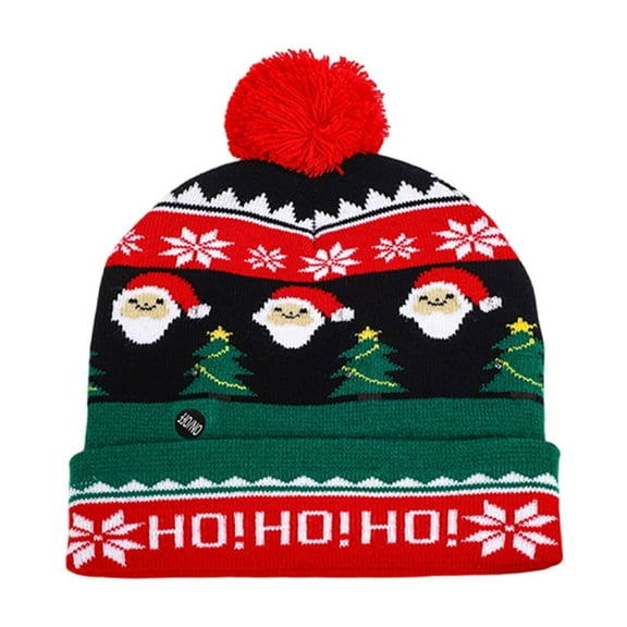 Christmas Knit Hat, LED Light Beanie, Warm Santa Claus Hat with Hairball, Multicolor Woolen Ear Protection Winter Cap