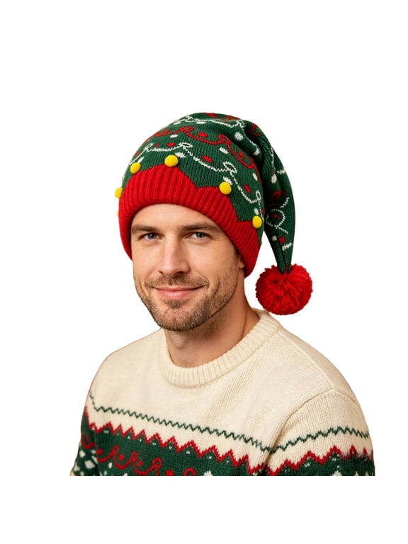 Christmas Knit Hat for Women Men, Striped Pointy Beanie with Ears & Pom Pom, Holiday Party Cosplay Photo Props
