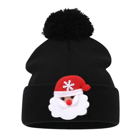 Christmas Knit Pom Pom Beanie Hat, Soft Warm Winter Hat with Cute Christmas Pattern for Women Men, Holiday Party Outdoor Daily Wear - Black