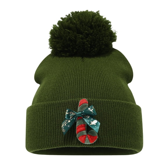 Christmas Knit Pom Pom Beanie Hat, Soft Warm Winter Hat with Cute Christmas Pattern for Women Men, Holiday Party Outdoor Daily Wear - Dark Green