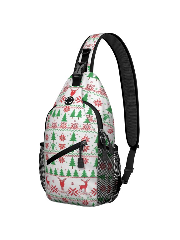 Christmas Knit Reindeer Pattern Sling Backpack, Unisex Cycling Crossbody Bag with Side Mesh Pockets, Breathable Padded Back Gift Ideas for Hiking Cycling Walking