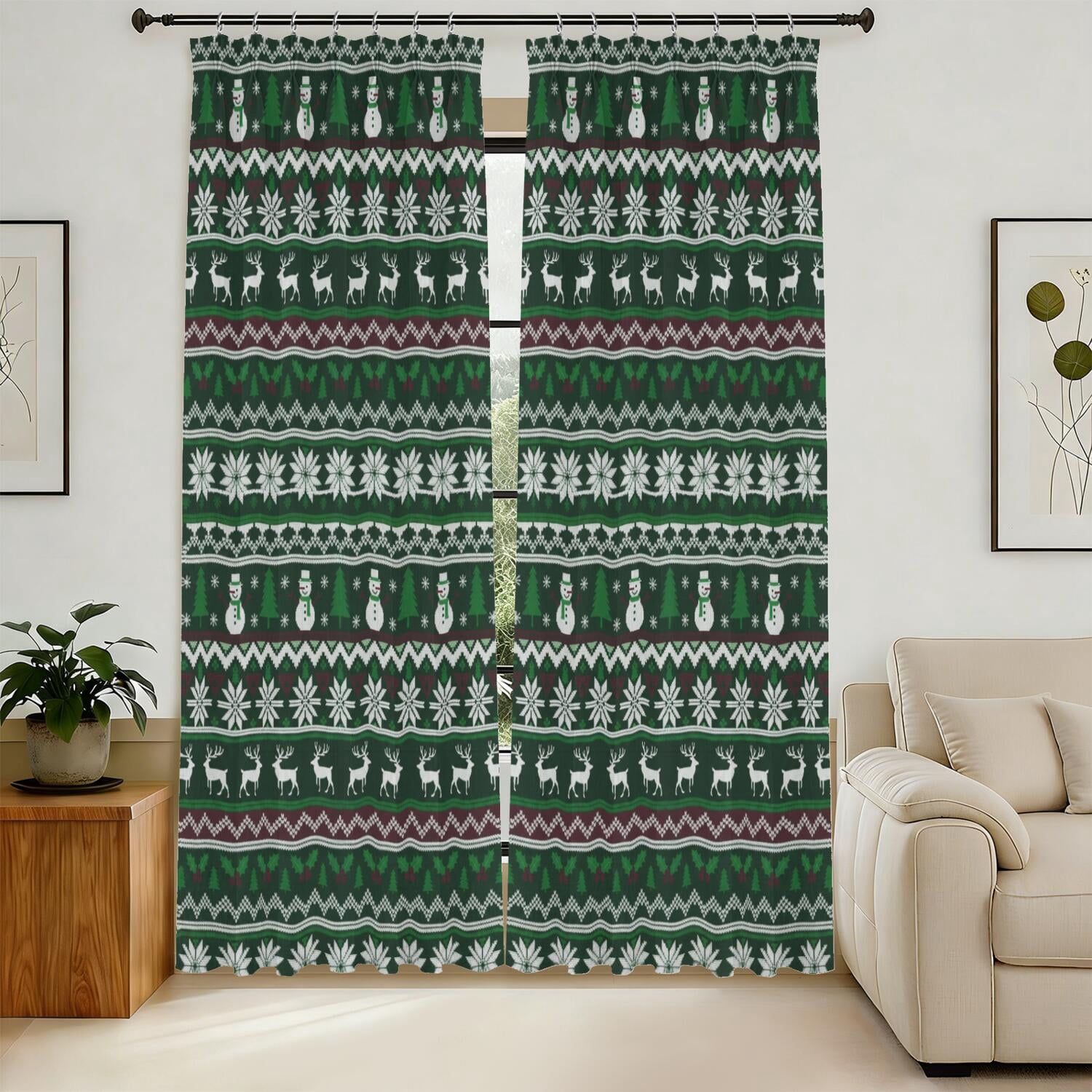 Christmas Knit Reindeer Snowman Pattern Pinch Pleat Semi Sheer Linen ...