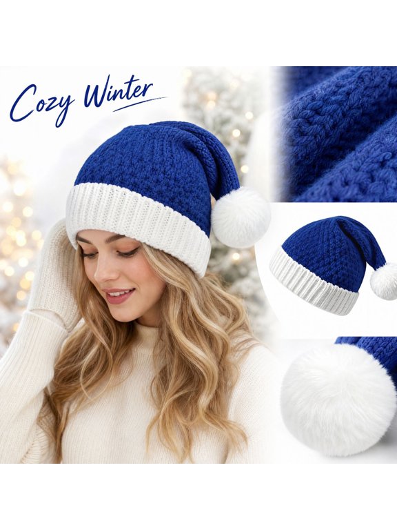 Christmas Knit Santa Hat for Women, Pineapple Texture Warm Winter Beanie Hat with White Pom Pom Blue