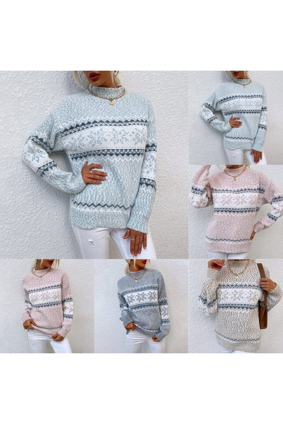 Christmas Knit Sweater Women's Turtleneck Snowflake Pullover for Fall and Winter, Festive and Warm, Ideal as Christmas Sweaters for Women and Christmas Gifts,Sky Blue,Size XL