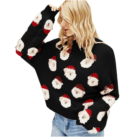 Christmas Knit Sweaters for Women Womens Christmas Santa Claus Print Round-Neck Long Sleeve Sweater Tops Women Cardigans Sweater Hoodies