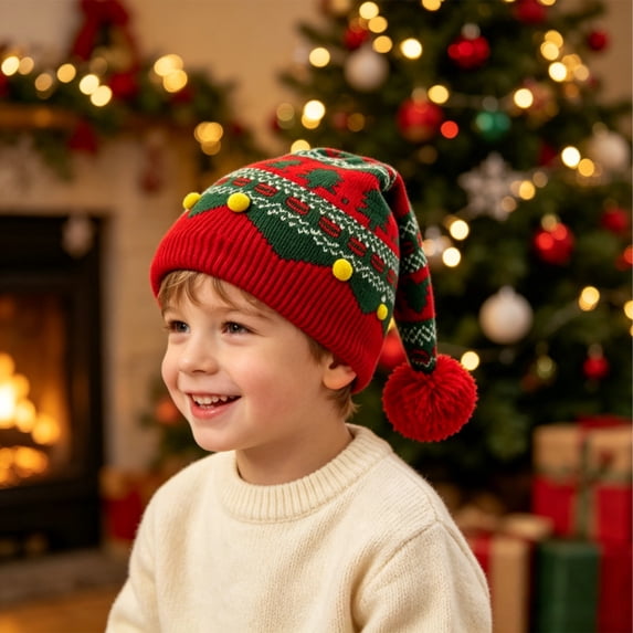 Christmas Knitted Beanies Hat for Kids, Christmas Santa Hat with Plush Ball Winter Warm Crochet Bearded Handmade Xmas Cap for Children