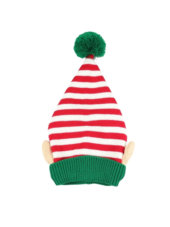 Christmas Knitted Elf Hat with Puff Ball – Unisex Striped Winter Hat for Men, Women & Kids – Stretchy Polyester Santa Hat for Holiday Parties, Costume, Daily Wear