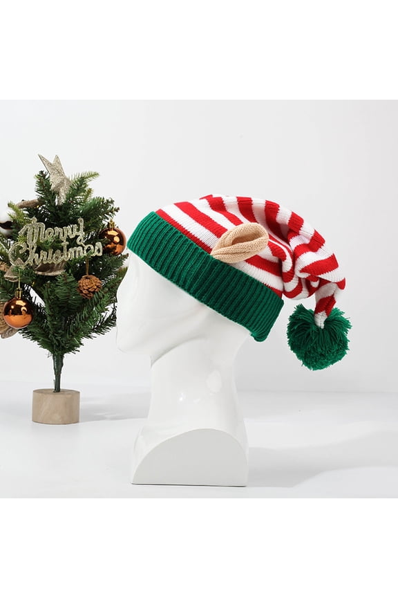 Christmas Knitted Elf Hat with Pom Pom, Warm Winter Beanie for Holiday Parties, Unisex Stretchy Design for Men and Women, Festive Knitted Cap