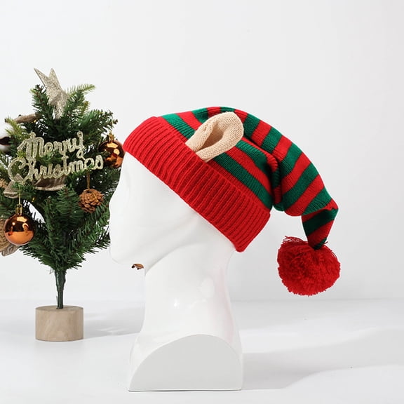 Christmas Knitted Elf Hat with Pom Pom, Warm Winter Beanie for Holiday Parties, Unisex Stretchy Design for Men and Women, Festive Knitted Cap