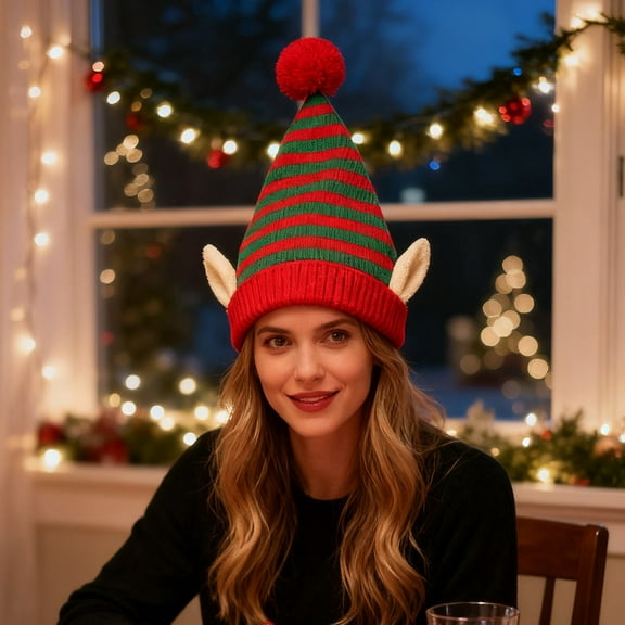 Christmas Knitted Elf Hat with Puff Ball, Striped Winter Beanie for Men, Women, and Kids - Red, White, Green Festive Design