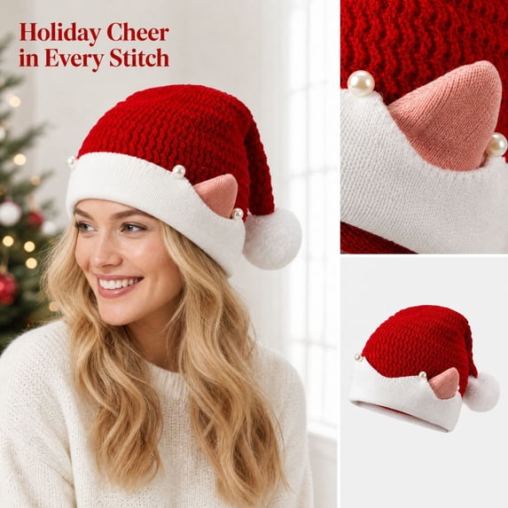 Christmas Knitted Elf Hats with Ears Elf Beanie Adults Pompom Crochet Caps Long Santa Hats Beanie Elf Costume Hat